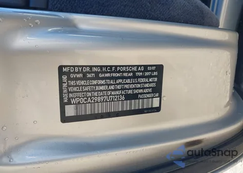 2007 Porsche Boxster z USA, uszkodzony, nr VIN WP0CA29897U712136